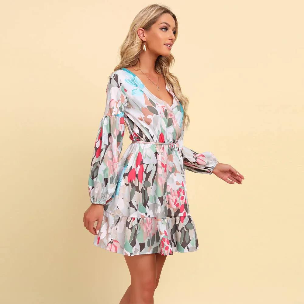 BOHO STYLE V-NECK PRINT LACE-UP LONG-SLEEVED DRESS_CWDSD4304