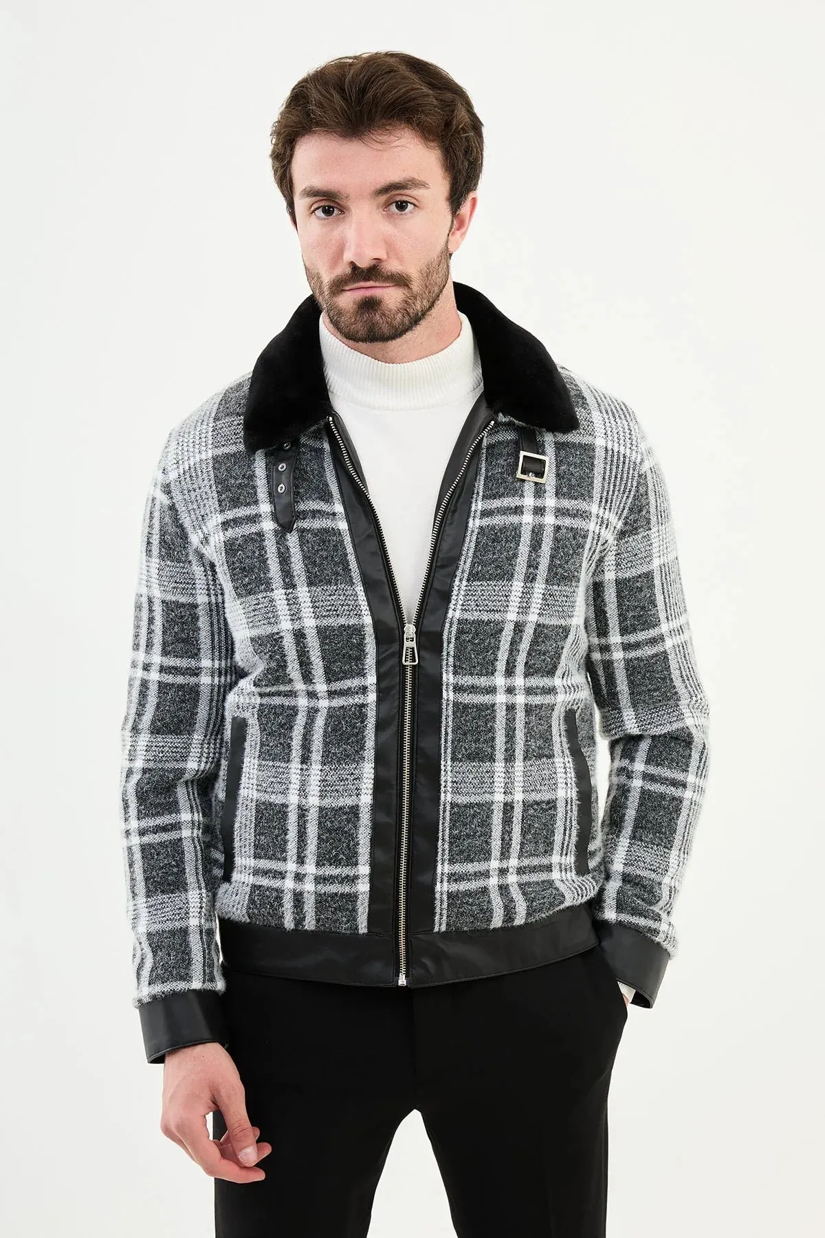 Brabion Eden Black Fur Plaid Slim Fit Coat