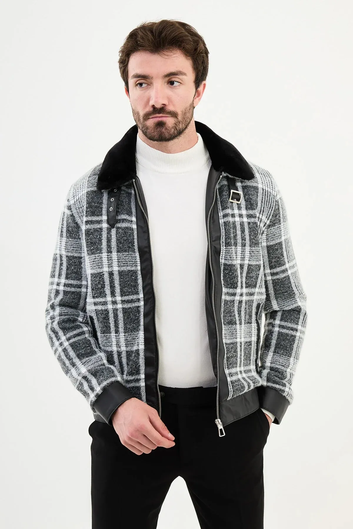 Brabion Eden Black Fur Plaid Slim Fit Coat