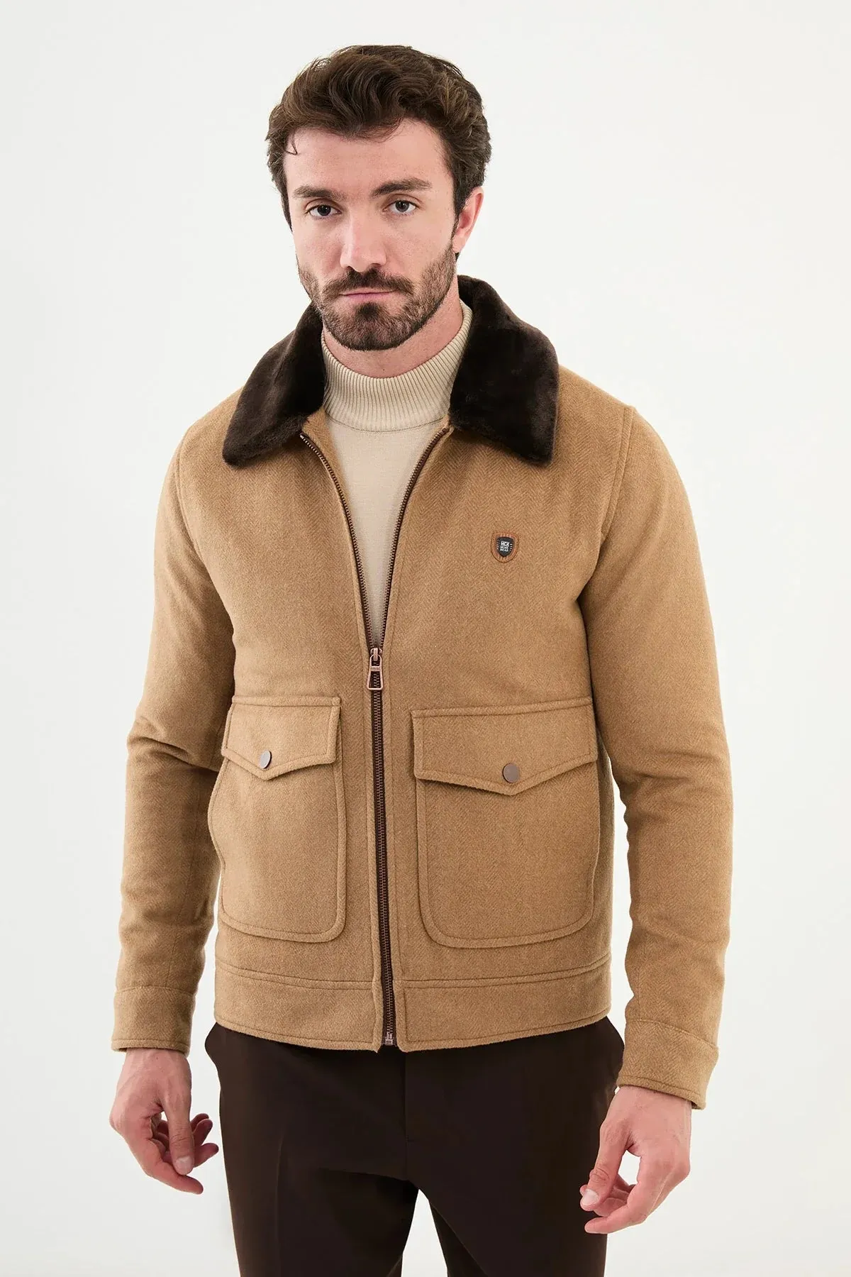 Brabion Eden Camel Fur Slim Fit Wool Coat