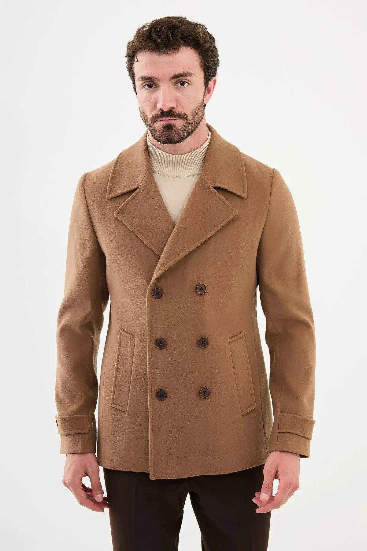 Brabion Eden Plain Slim Fit Wool Beige Coat