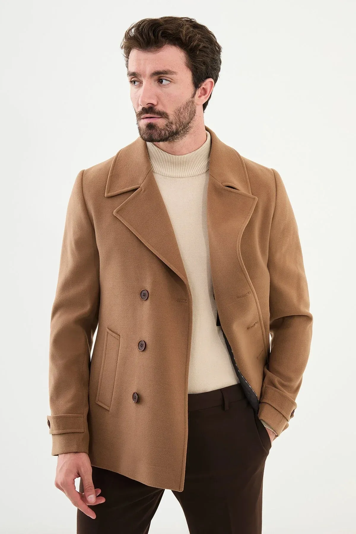 Brabion Eden Plain Slim Fit Wool Beige Coat