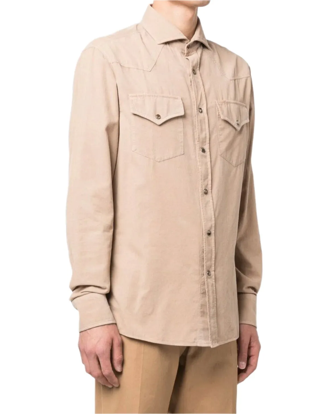 Brunello Cucinelli Mens New Beige Leisure Fit Western Casual Buttoned Shirt