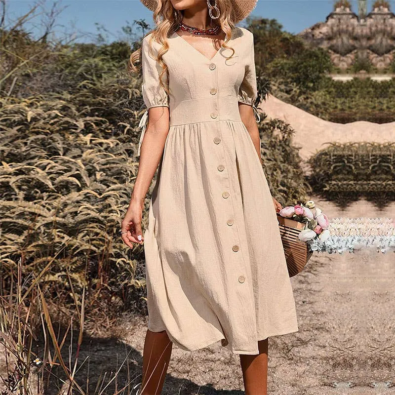 BUTTON-DOWN COTTON AND LINEN V-NECK DRESS_CWDMD1653