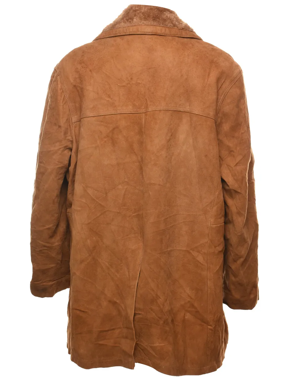 Button Front Brown Suede Shearling Lined Jacket - L