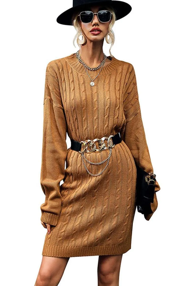 CABLE KNIT LONG SLEEVE CASUAL DRESS