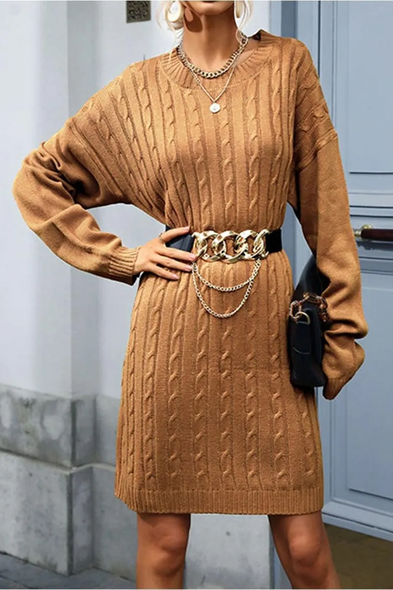 CABLE KNIT LONG SLEEVE CASUAL DRESS