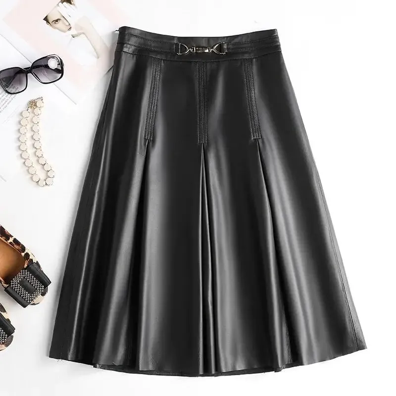 Camel Solid Pleated Elegant Leather Skirt