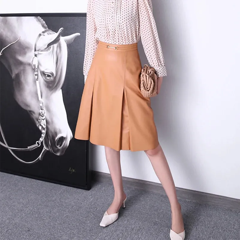 Camel Solid Pleated Elegant Leather Skirt