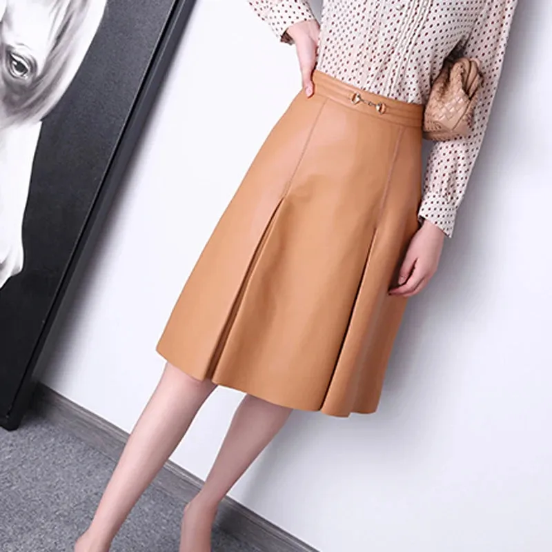 Camel Solid Pleated Elegant Leather Skirt