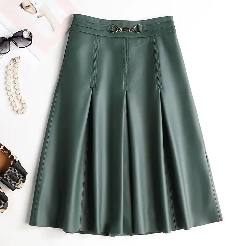 Camel Solid Pleated Elegant Leather Skirt