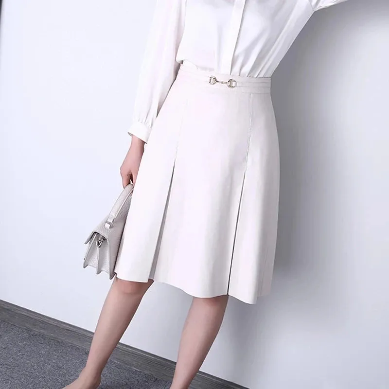 Camel Solid Pleated Elegant Leather Skirt