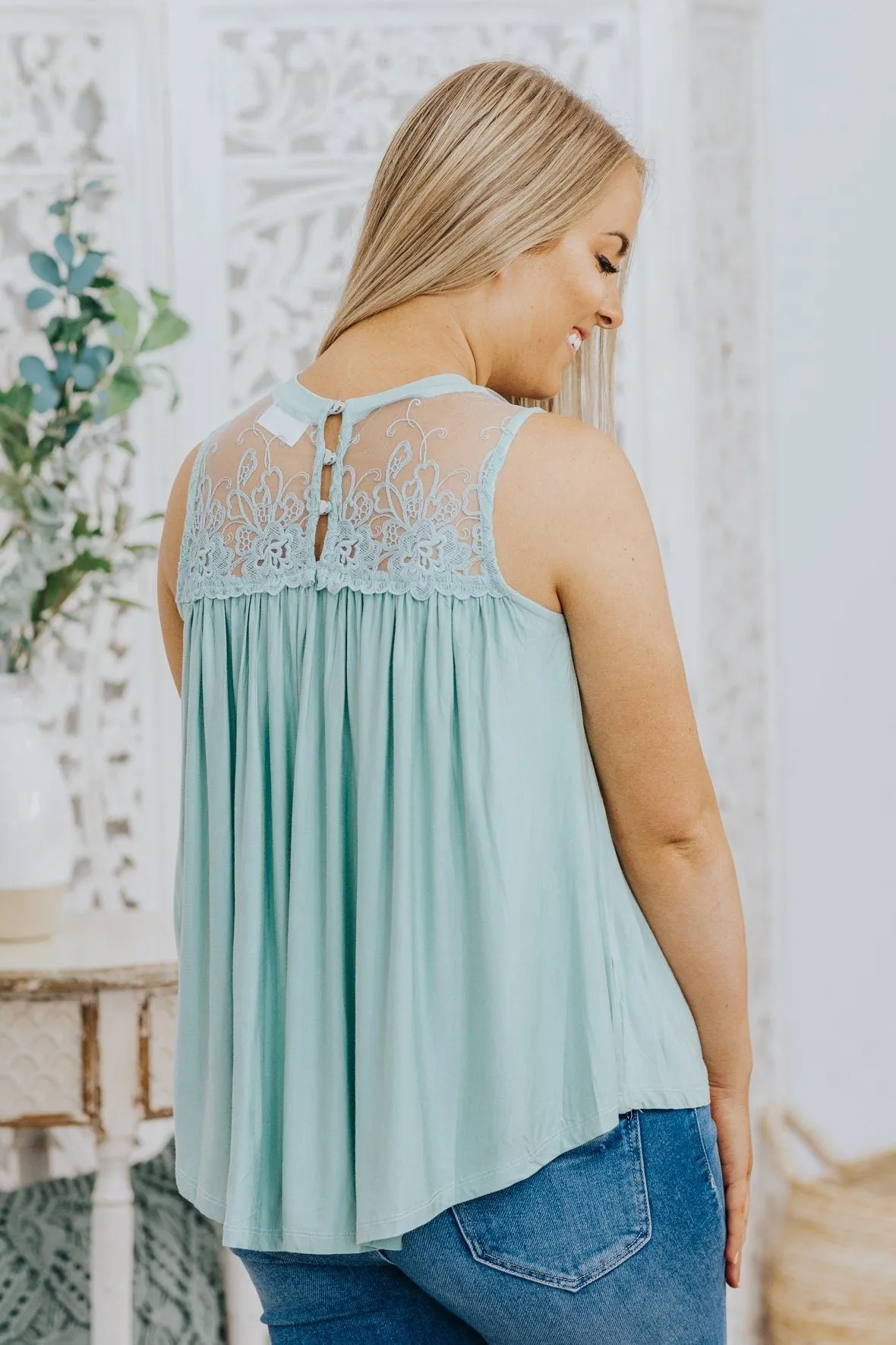 Can I Be Honest Button and Lace Flowy Tank in Sage