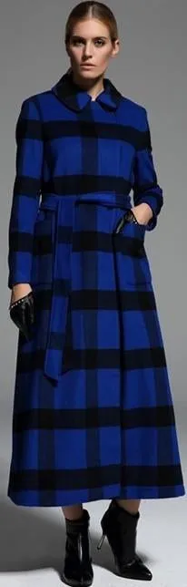 Check Pattern Long Wool Coat in Black & Blue