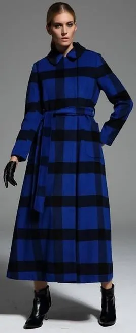 Check Pattern Long Wool Coat in Black & Blue