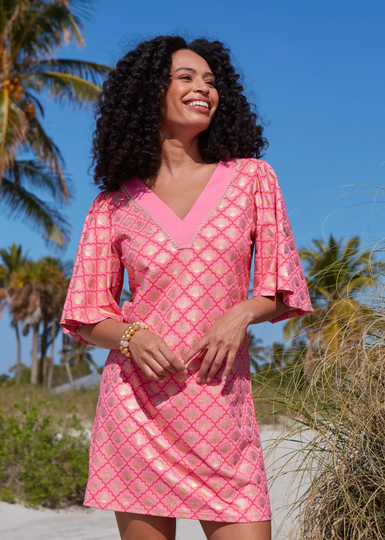 Coral Metallic Embroidered Flutter Sleeve Shift Dress