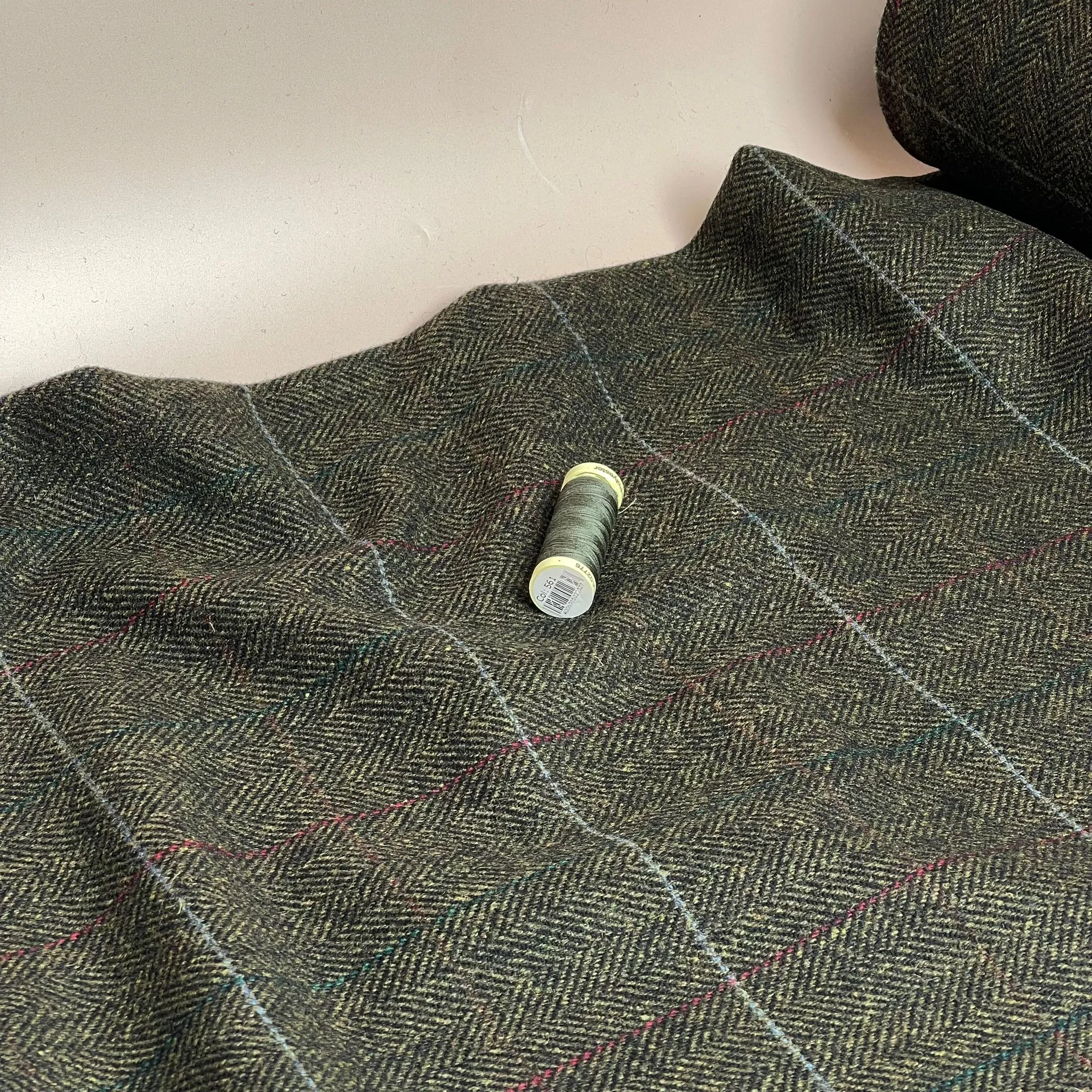 Deadstock Herringbone Check on Khaki Green Soft Wool Tweed Coating