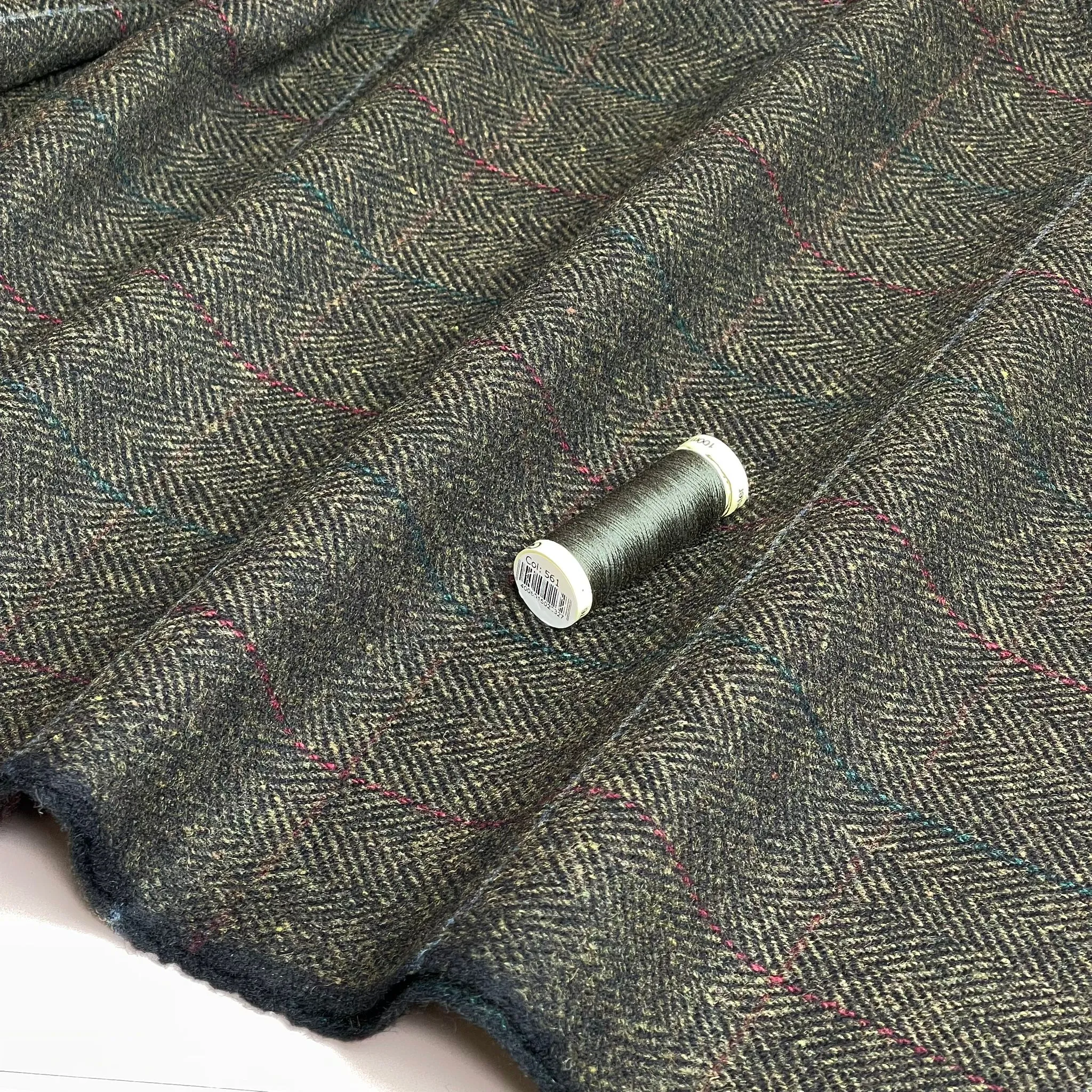 Deadstock Herringbone Check on Khaki Green Soft Wool Tweed Coating