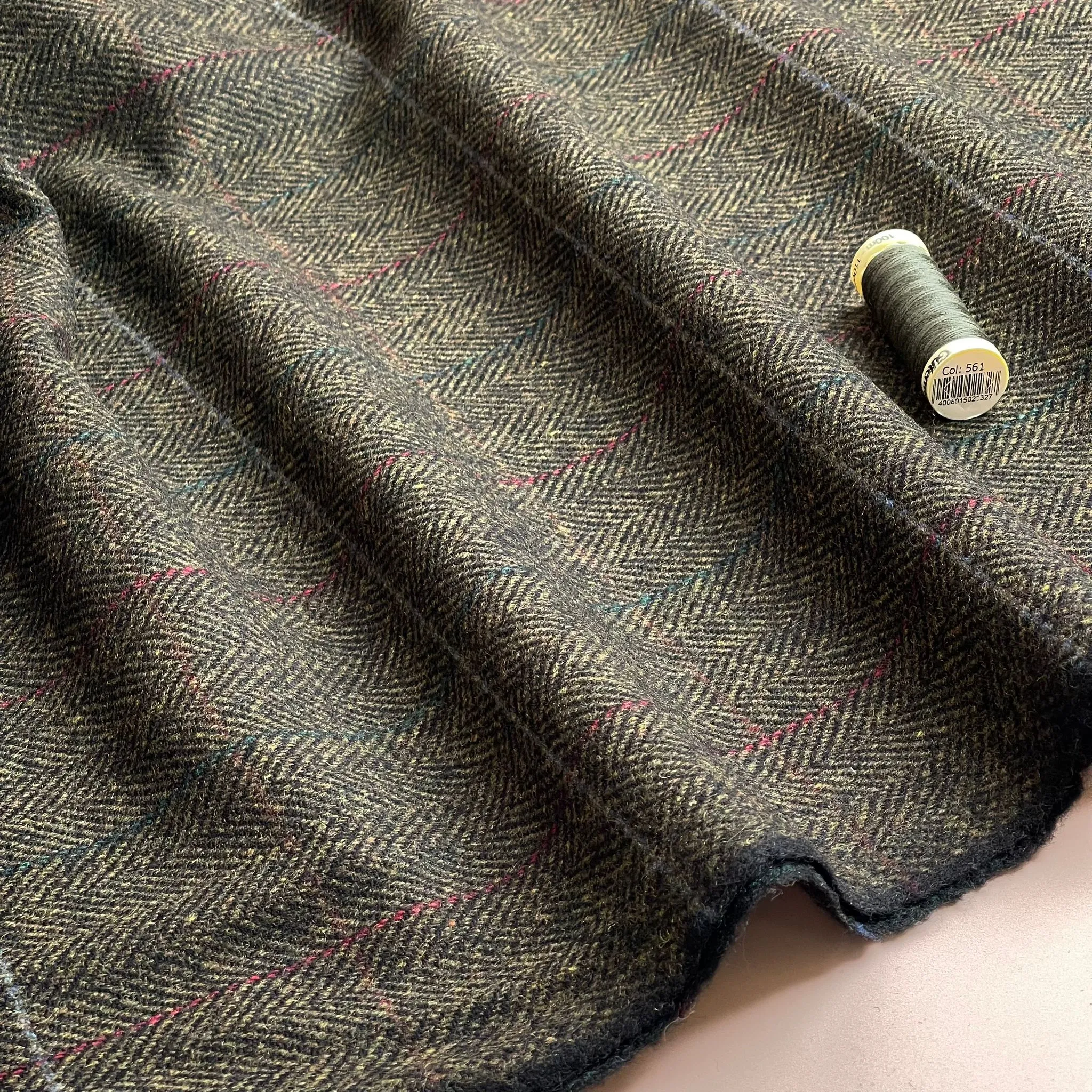 Deadstock Herringbone Check on Khaki Green Soft Wool Tweed Coating