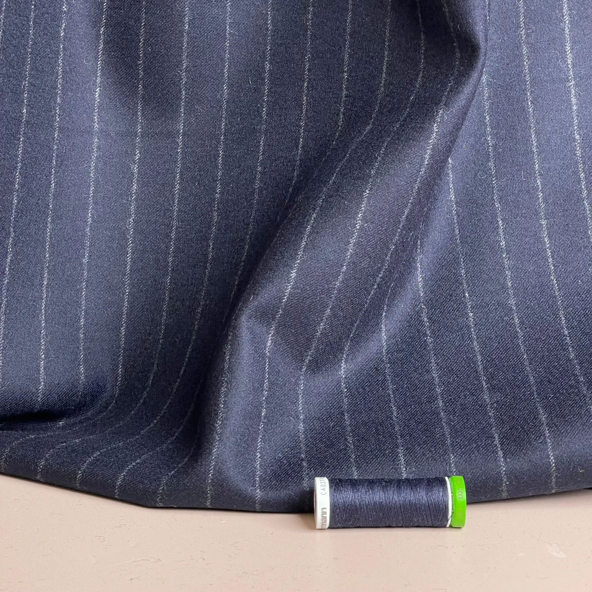 Deadstock Yarn Dyed Navy Pinstripe Pure Wool Suiting Fabric