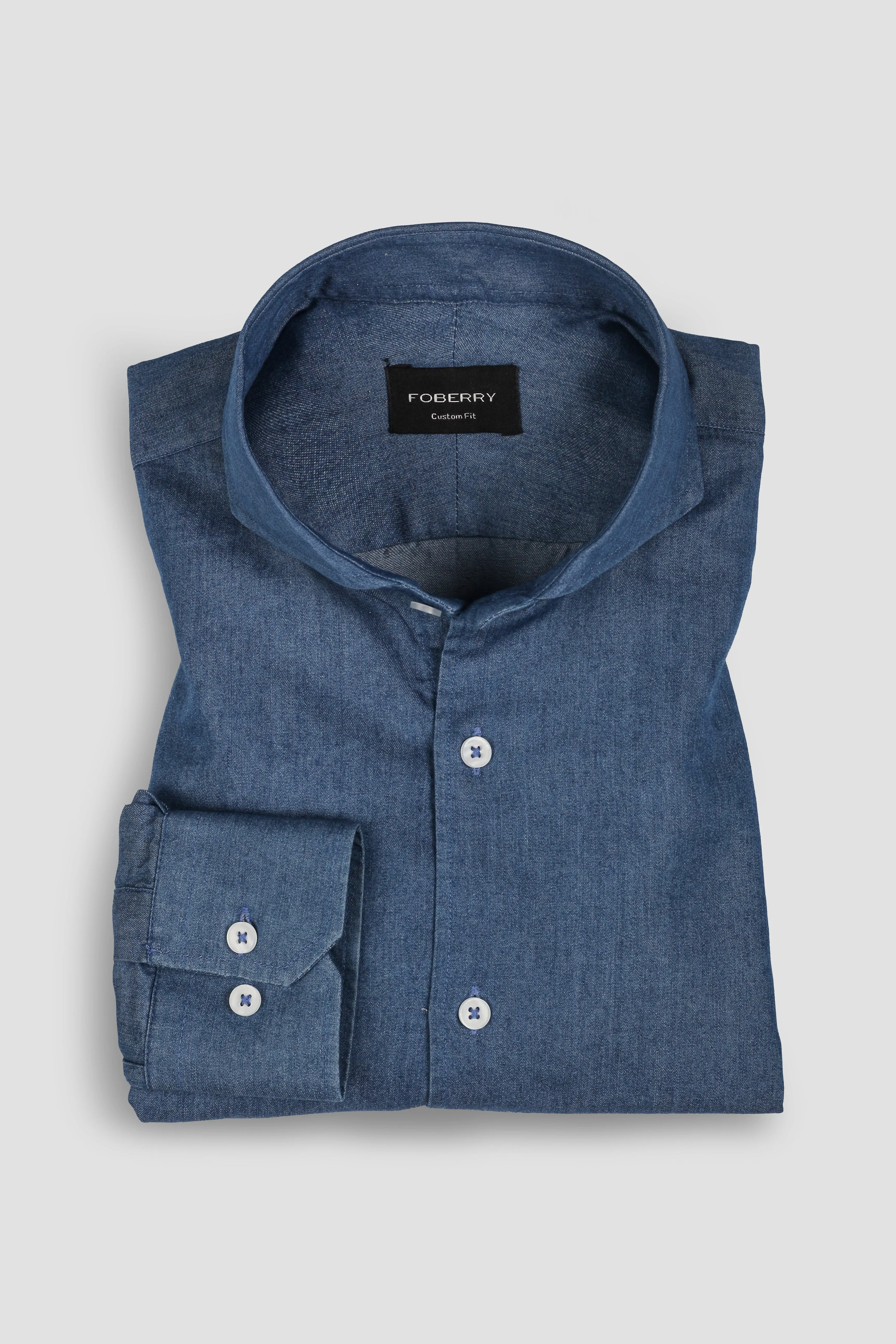 Denim Medium Wash Shirt - Cut Away Extreme Collar