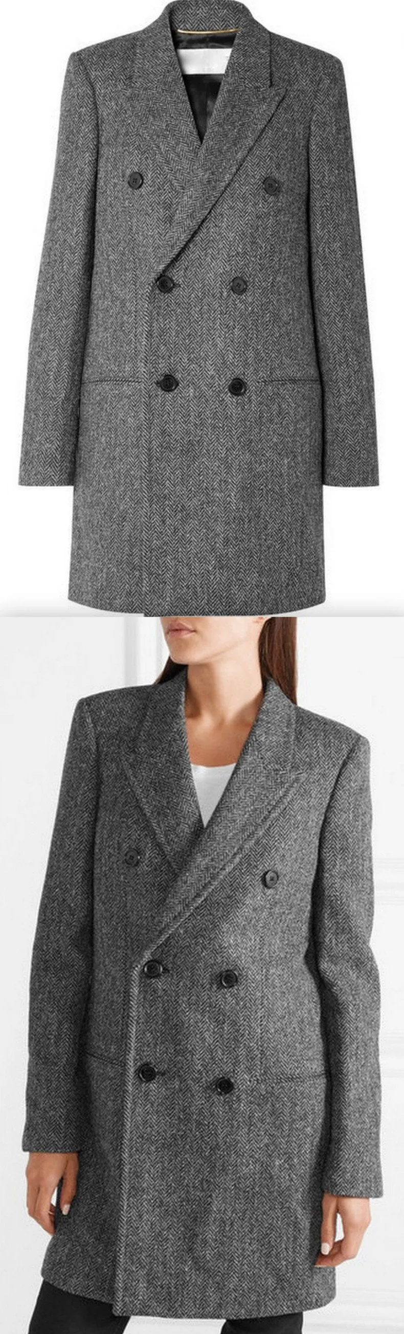 Double-Breasted Herringbone Wool Coat