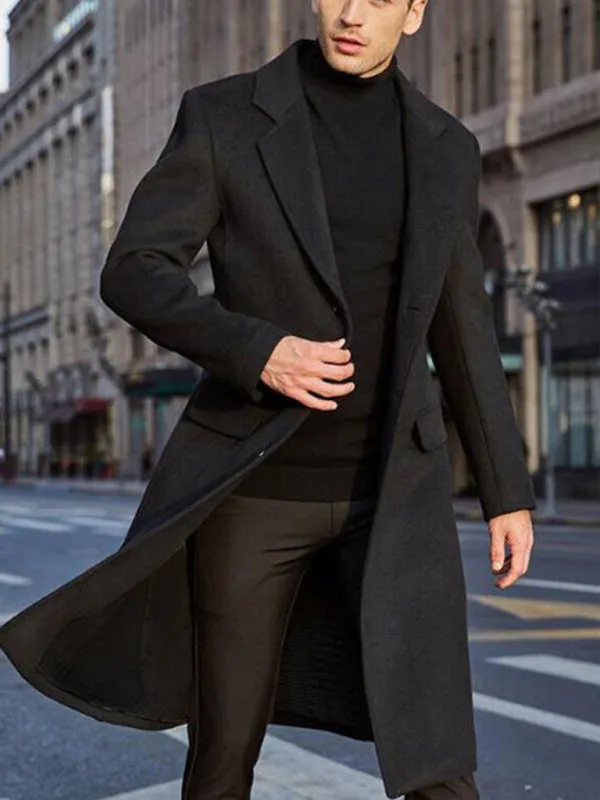 Elegant Longline Windbreaker | Men's Notch Lapel Woolen Trench Coat