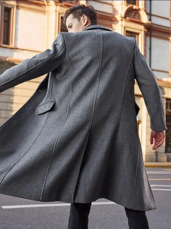 Elegant Longline Windbreaker | Men's Notch Lapel Woolen Trench Coat