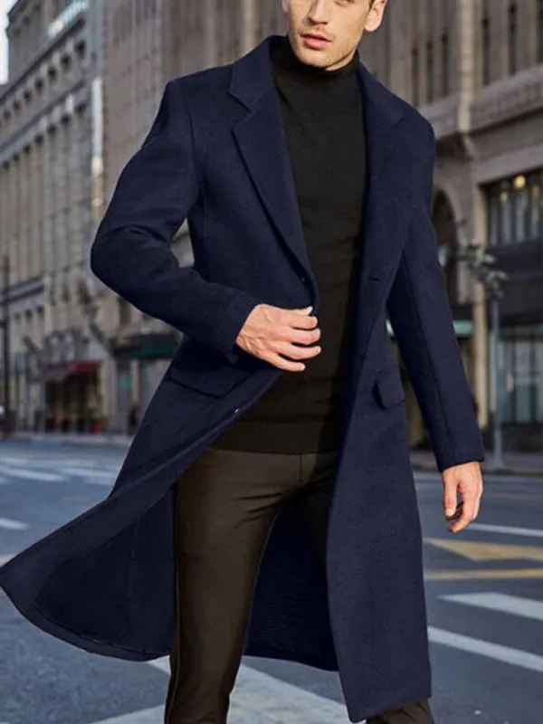 Elegant Longline Windbreaker | Men's Notch Lapel Woolen Trench Coat