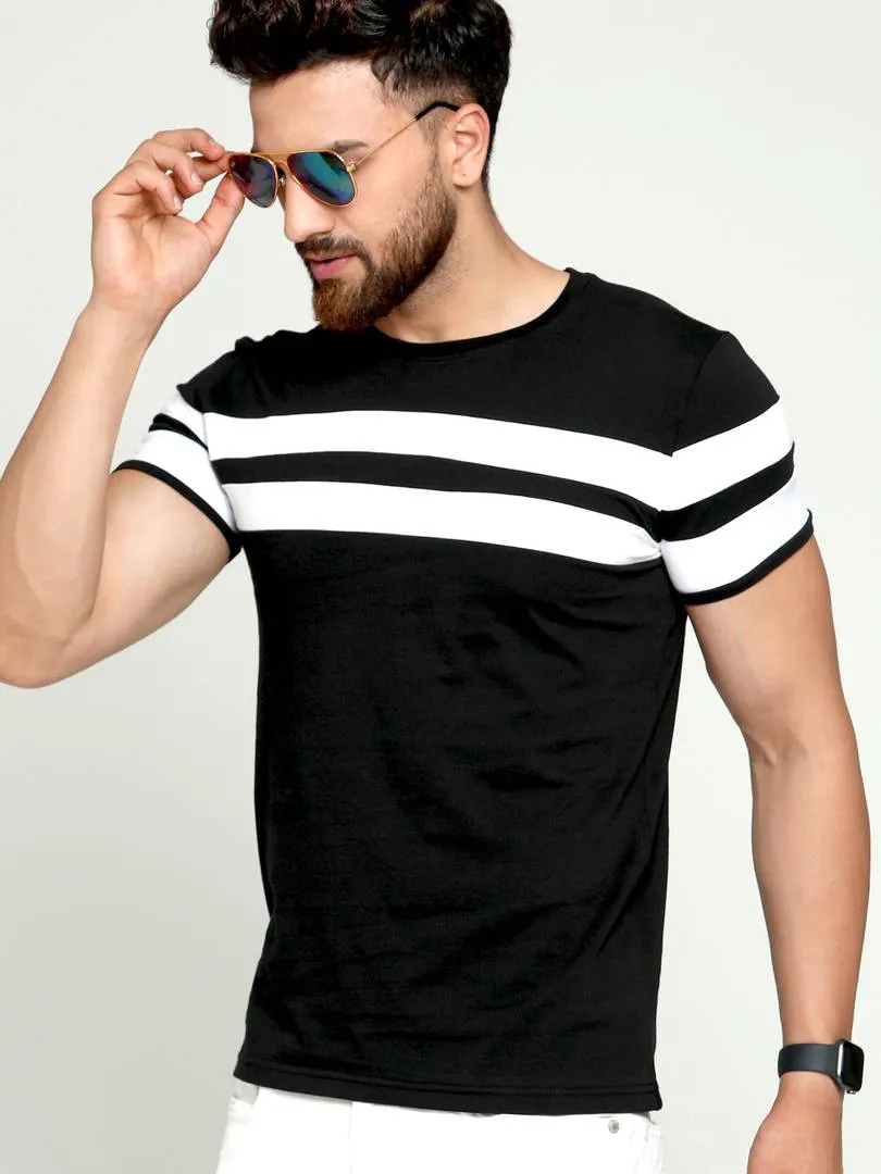 Fashionable Black Cotton Striped Round Neck Tees