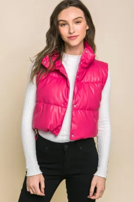 Faux Leather Puffer Vest With Snap Button