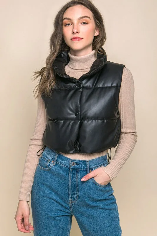 Faux Leather Puffer Vest With Snap Button