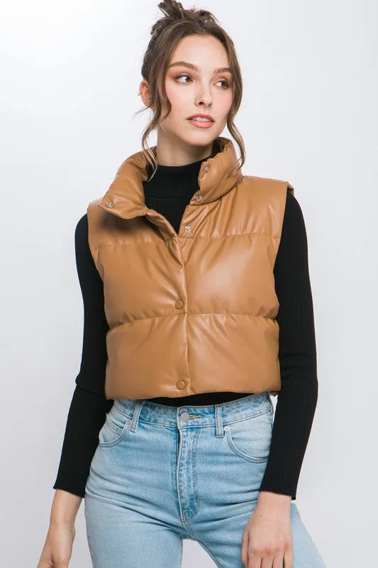 Faux Leather Puffer Vest With Snap Button