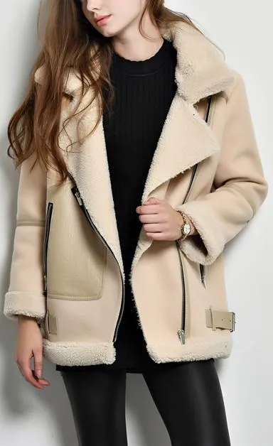 Faux-Shearling-Trim Bomber Jacket, Black or Sand