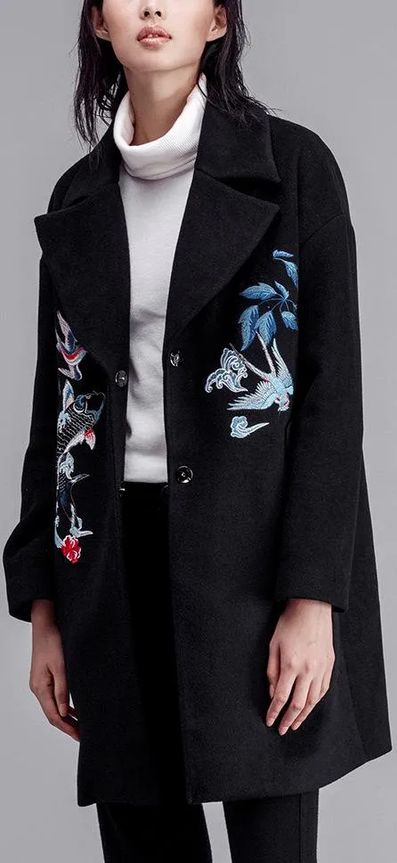 Fish-Embroidered Wool-Blend Coat