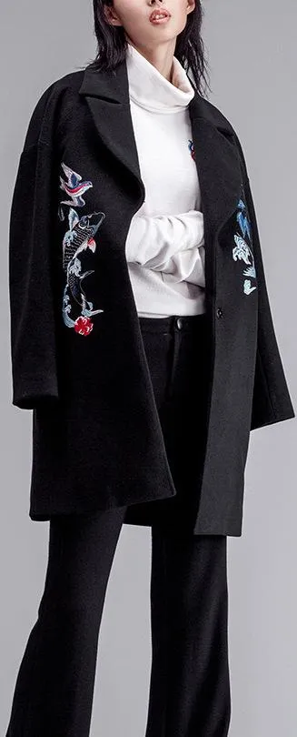 Fish-Embroidered Wool-Blend Coat