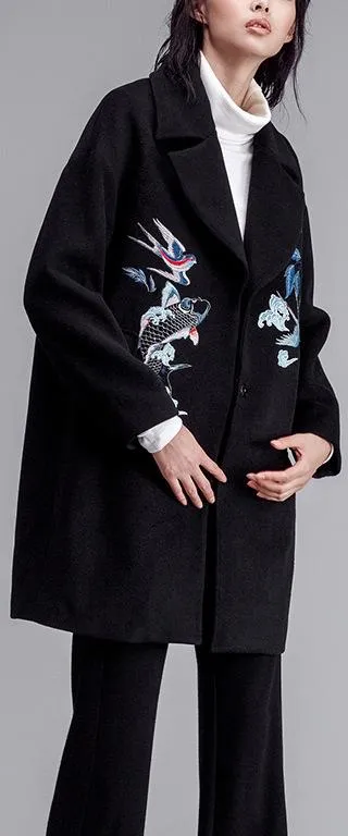 Fish-Embroidered Wool-Blend Coat