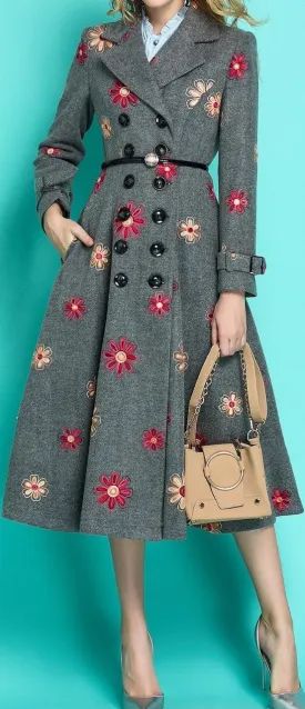 Floral-Embroidered Wool-Blend Double-Breasted Coat