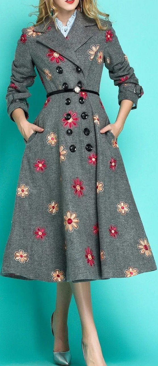 Floral-Embroidered Wool-Blend Double-Breasted Coat