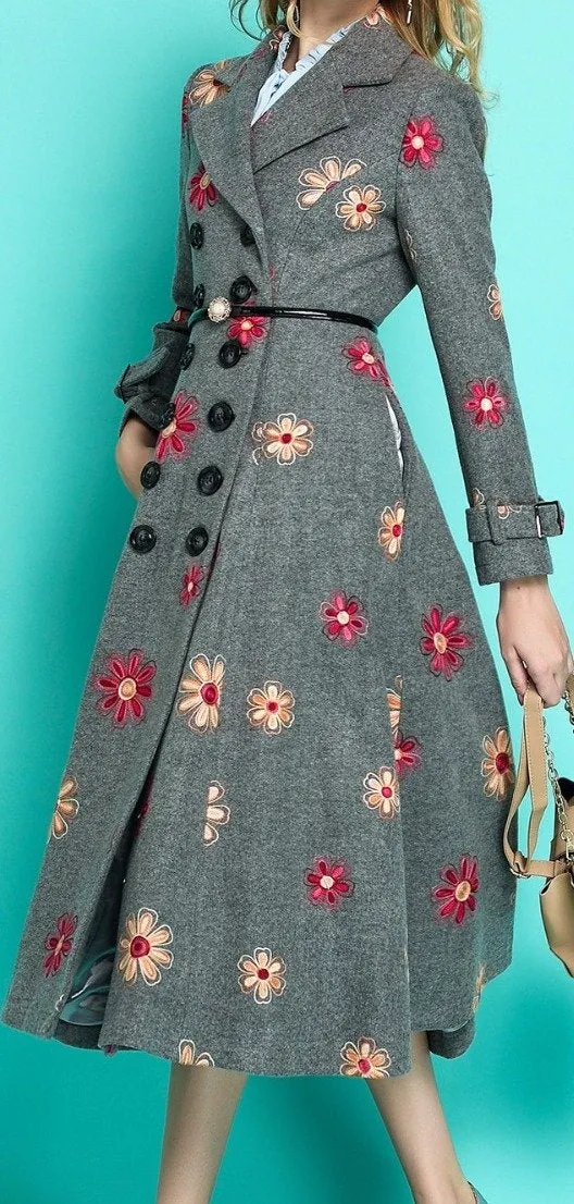 Floral-Embroidered Wool-Blend Double-Breasted Coat