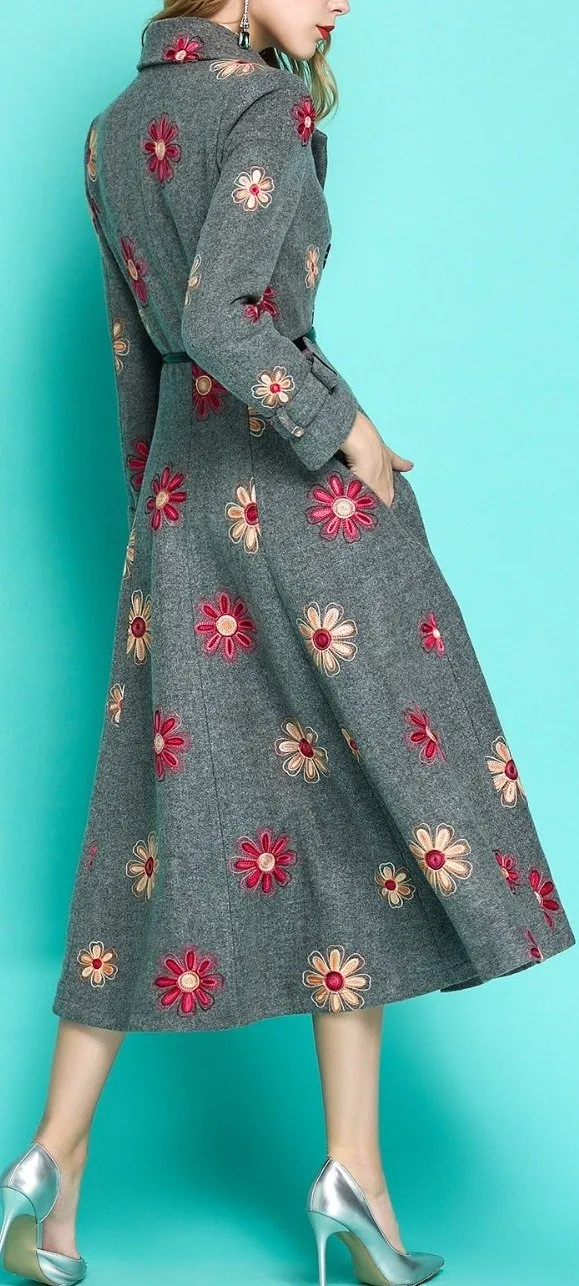 Floral-Embroidered Wool-Blend Double-Breasted Coat