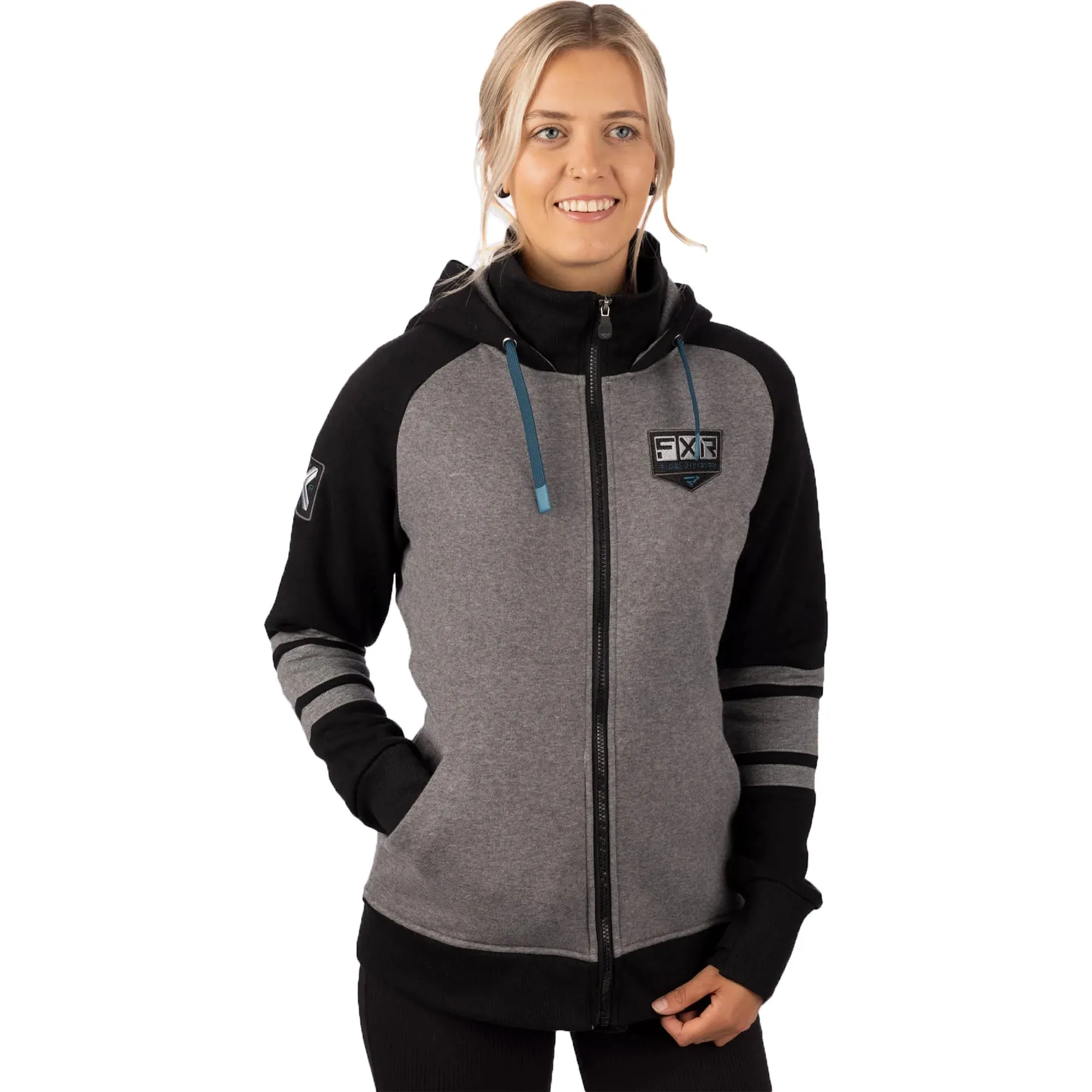 FXR  Grey Heather Ocean Womens Ride Hoodie Full Front Zip Soft Cotton Fleece