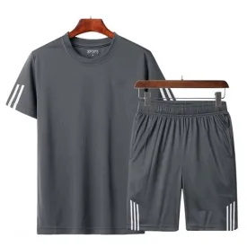 Grey Striped Polyester Spandex Tees & Shorts Set