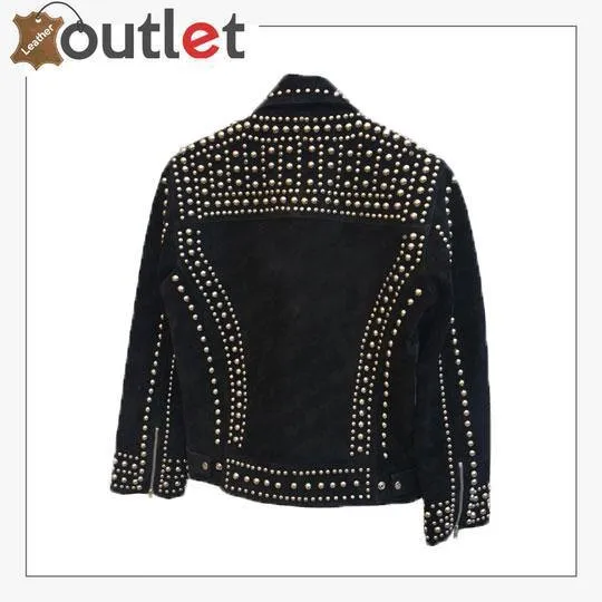 Handmade Womens Black Fashion Golden Studded Punk Style Leather Jacket