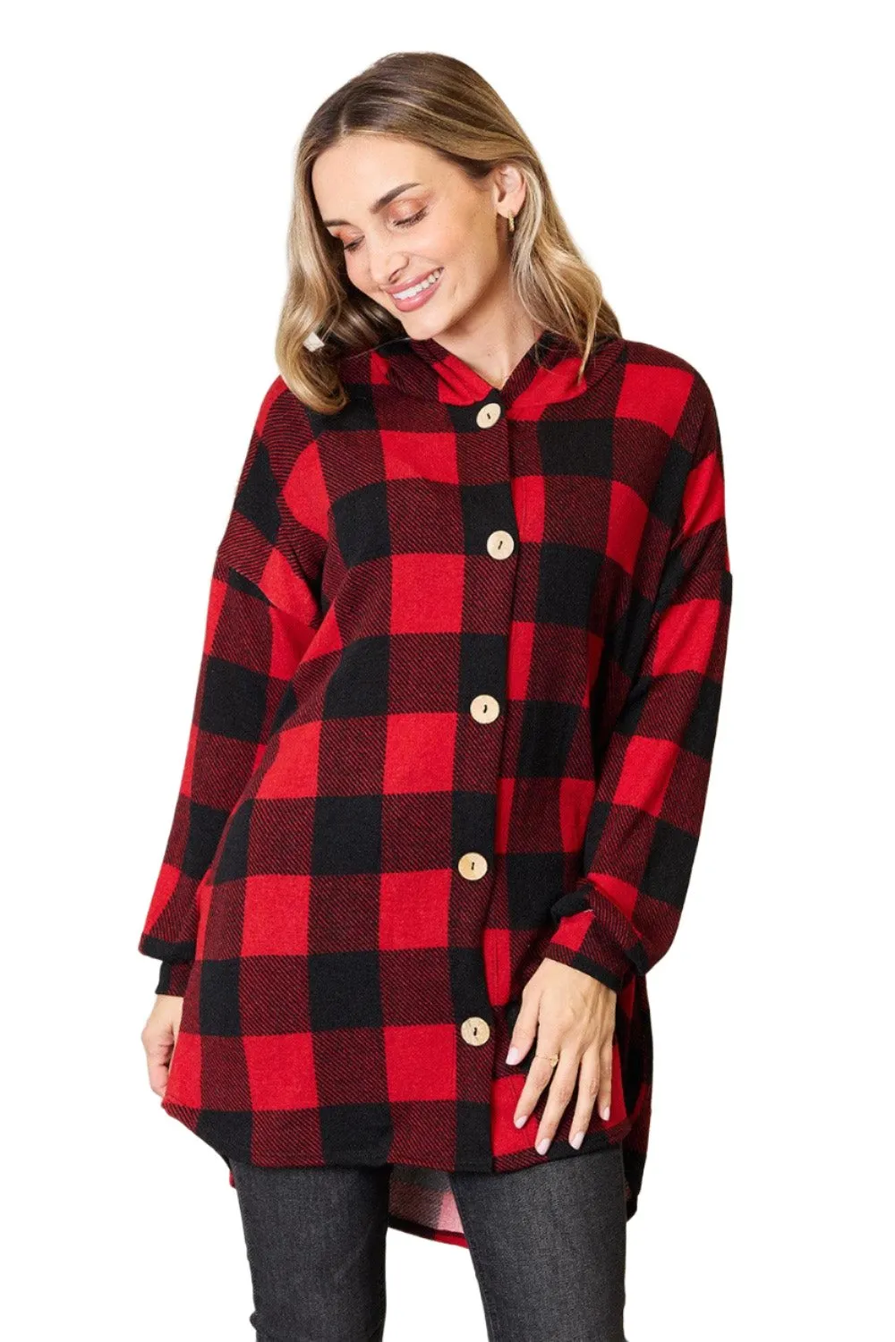 Heimish Full Size Plaid Button Front Hooded Shirt