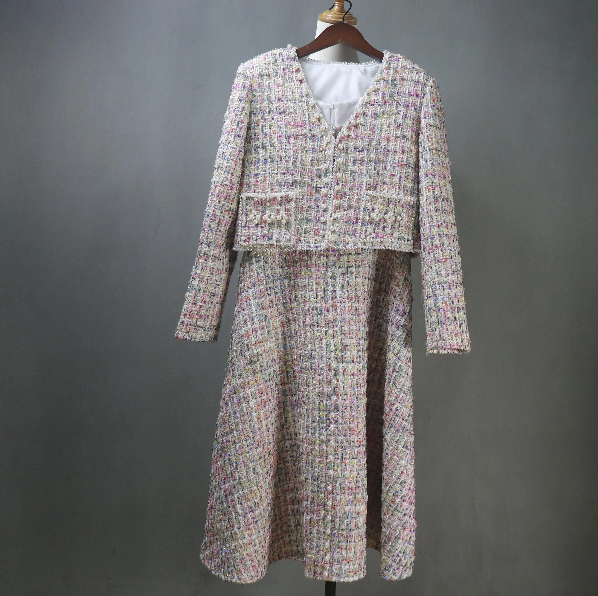 Hot Pink Tweed Fit & Flare Dress   Crop Jacket Suit With Pearls Decoration