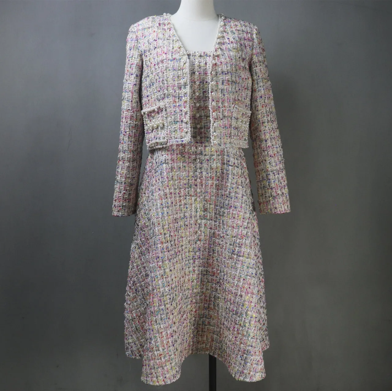 Hot Pink Tweed Fit & Flare Dress   Crop Jacket Suit With Pearls Decoration