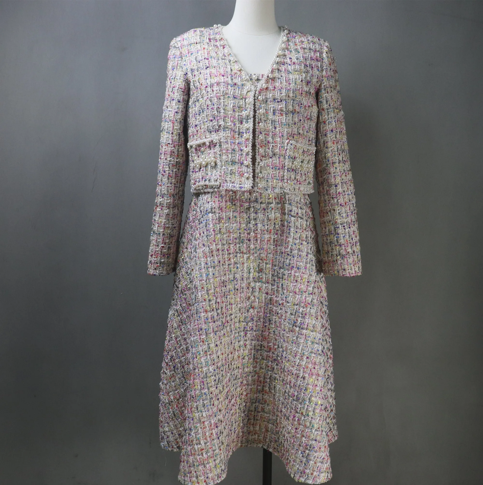 Hot Pink Tweed Fit & Flare Dress   Crop Jacket Suit With Pearls Decoration