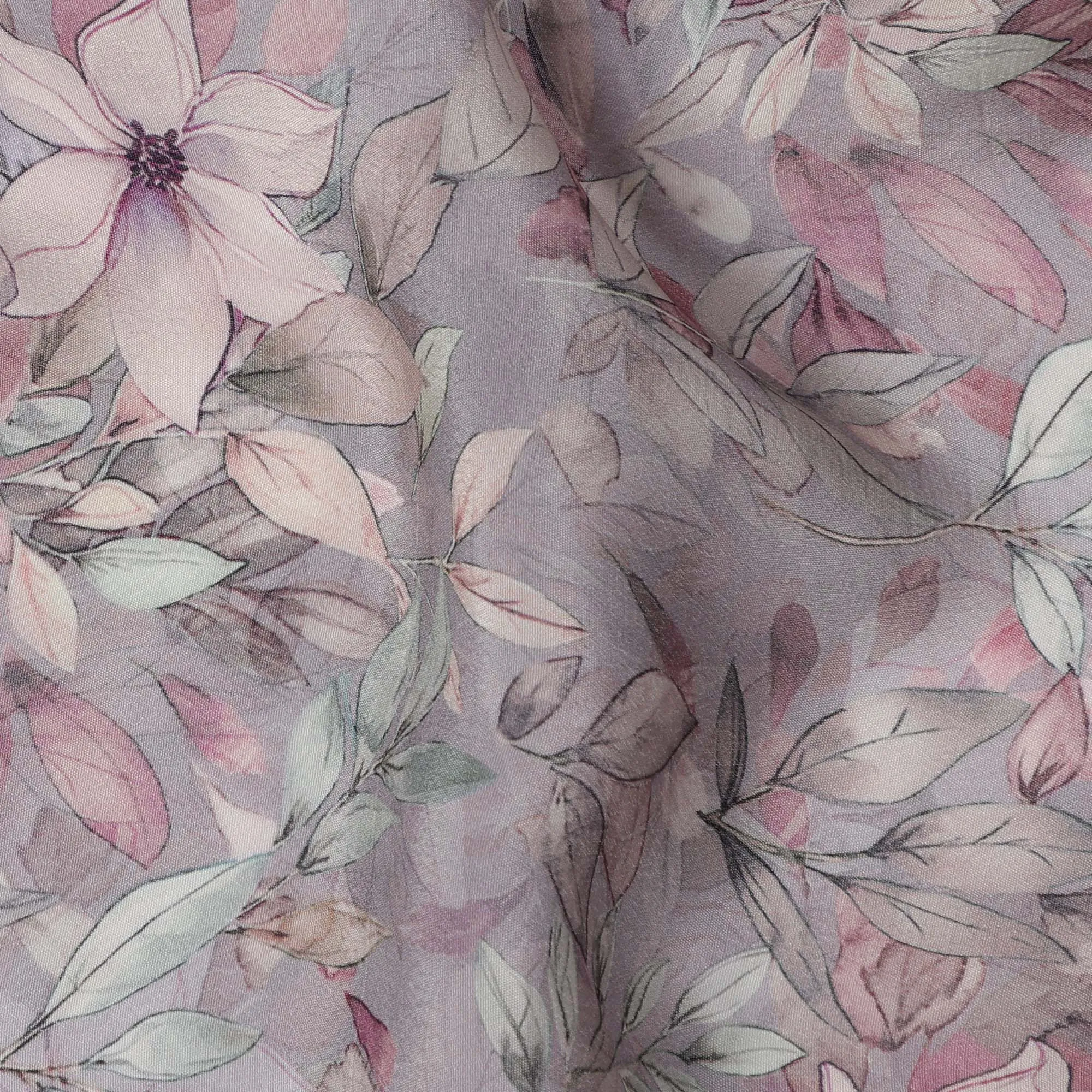 Lavender Viscose Digital Printed Fabric with Leafy Floral Design, 110 cm Width-D21325