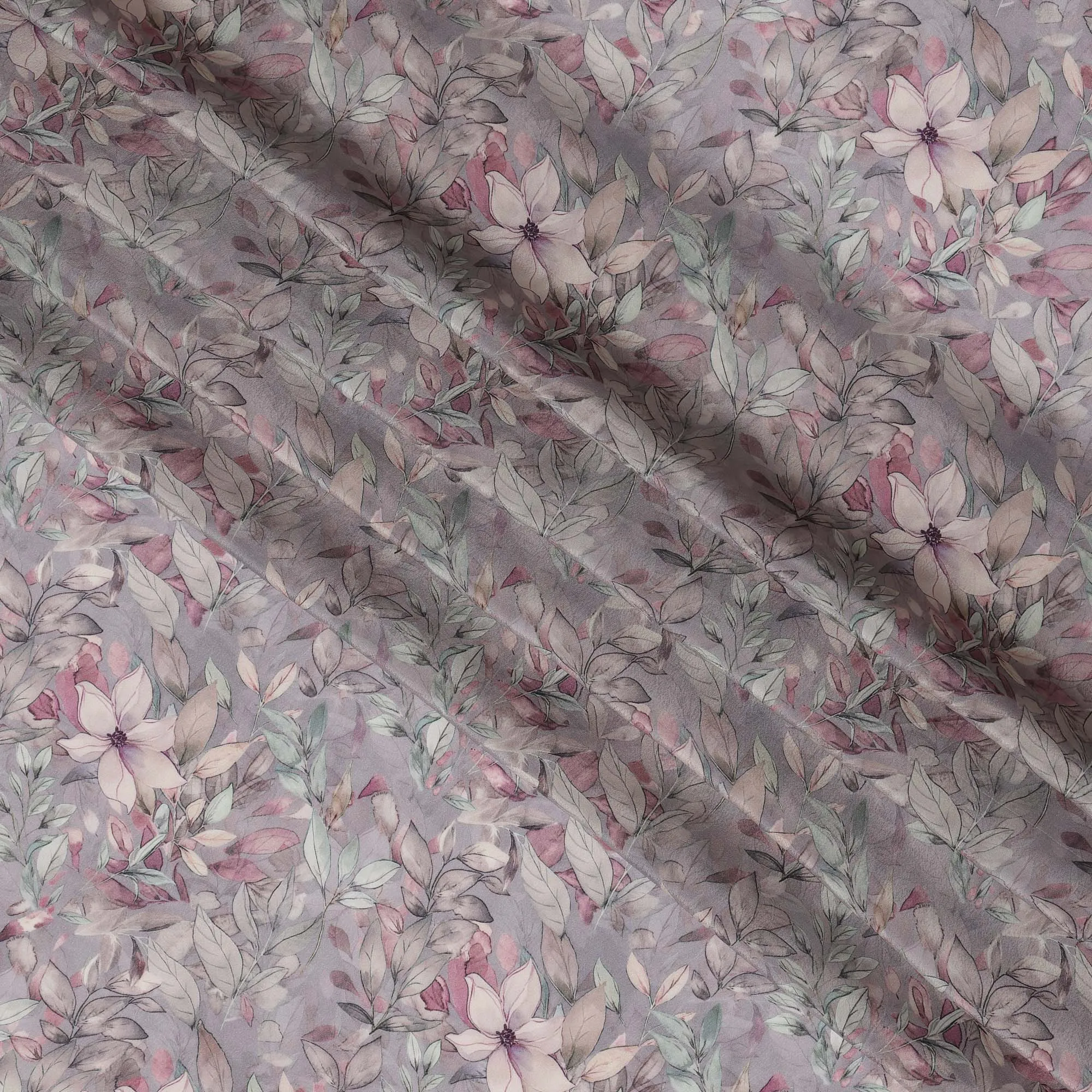 Lavender Viscose Digital Printed Fabric with Leafy Floral Design, 110 cm Width-D21325